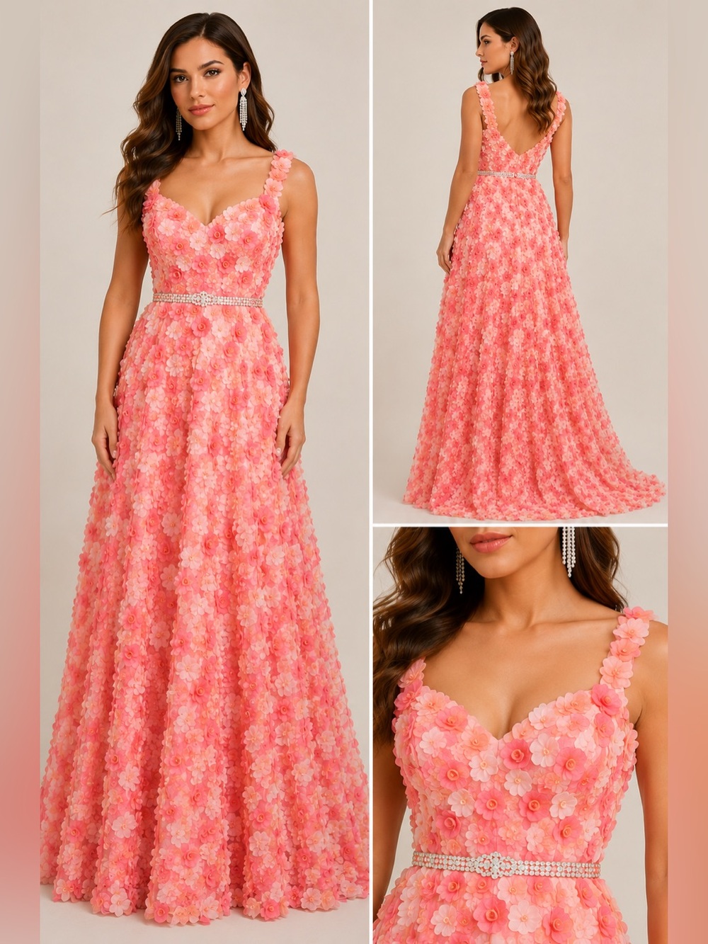 Faeriesty Pink Peach 3D Floral Sweetheart Maxi Gown Rhinestone Belt XS
